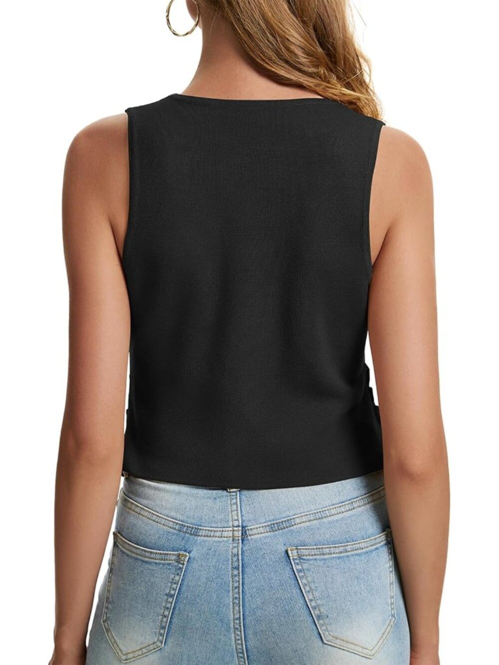 Women's Black Sleeveless Button Up Knit Imported Casual Sweater Vest Tank Tops - Picture 4 of 5